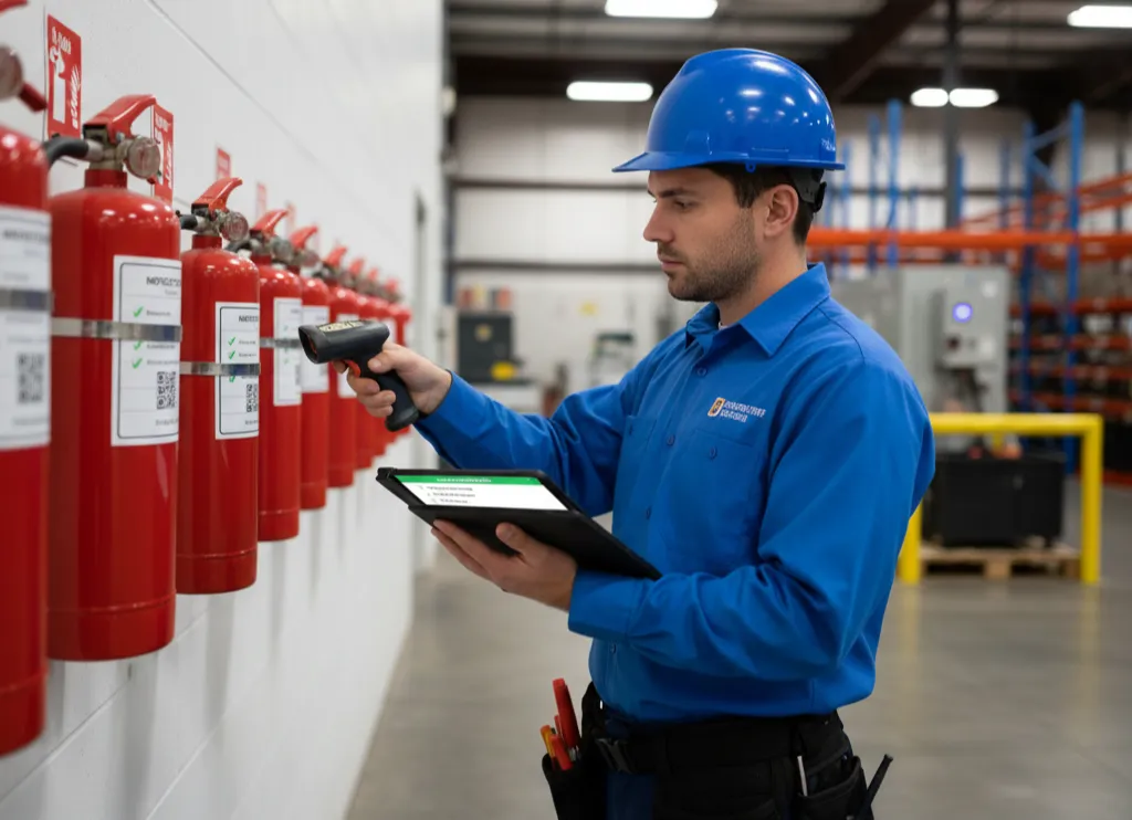 Inspector usando una tablet para revisar un extintor